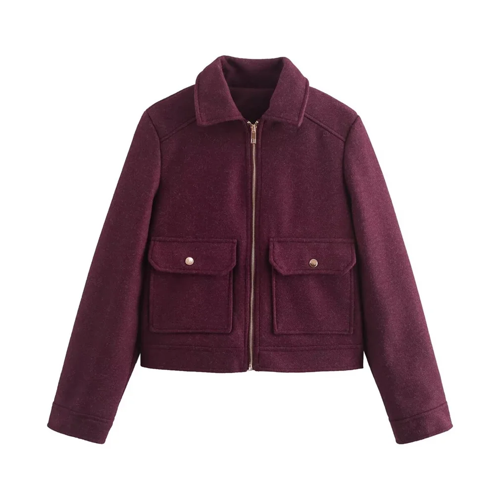 Taop&Za Autumn New Women's Fashion, Casual, Versatile Style, Flip Collar Pocket with Zipper, Long Sleeve Top Coat