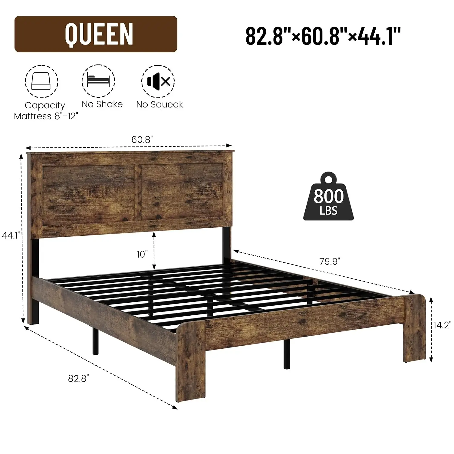 Queen Farmhouse Wood Bed Frame, Brown Platform Bed with Geometric Panel Headboard and Shelf, Metal Slat Support