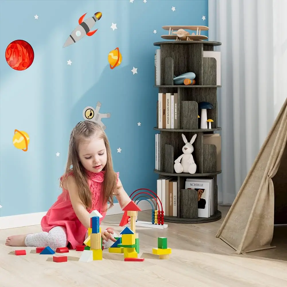 360 ° رف كتب خشبي دوار، تخزين زاوية من 4 طبقات لغرفة الأطفال، الدراسة، غرفة النوم من خشب البلوط الأسود #2