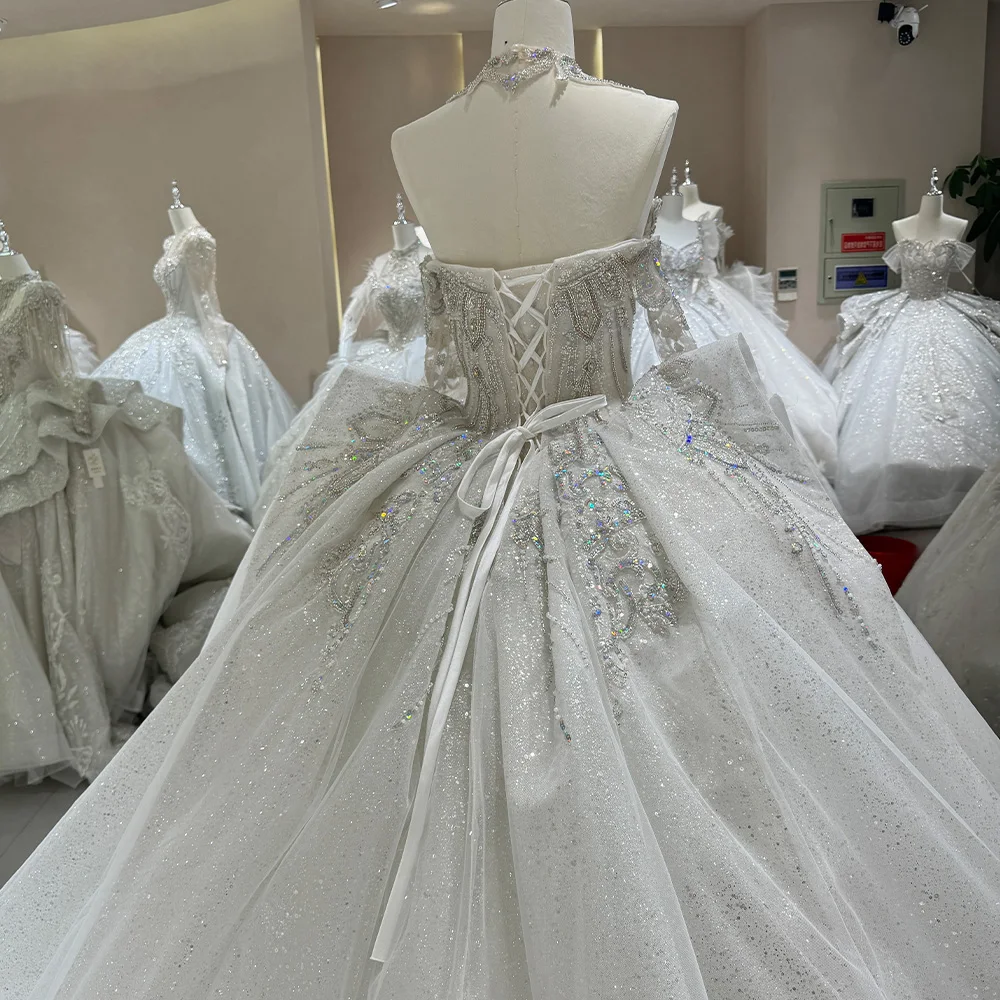 Vestidos De Novia con cuentas De cristal para mujer, exquisitos Vestidos De Novia con lentejuelas y cuello barco, cola De corte, Vestidos De Fiesta formales De Novia