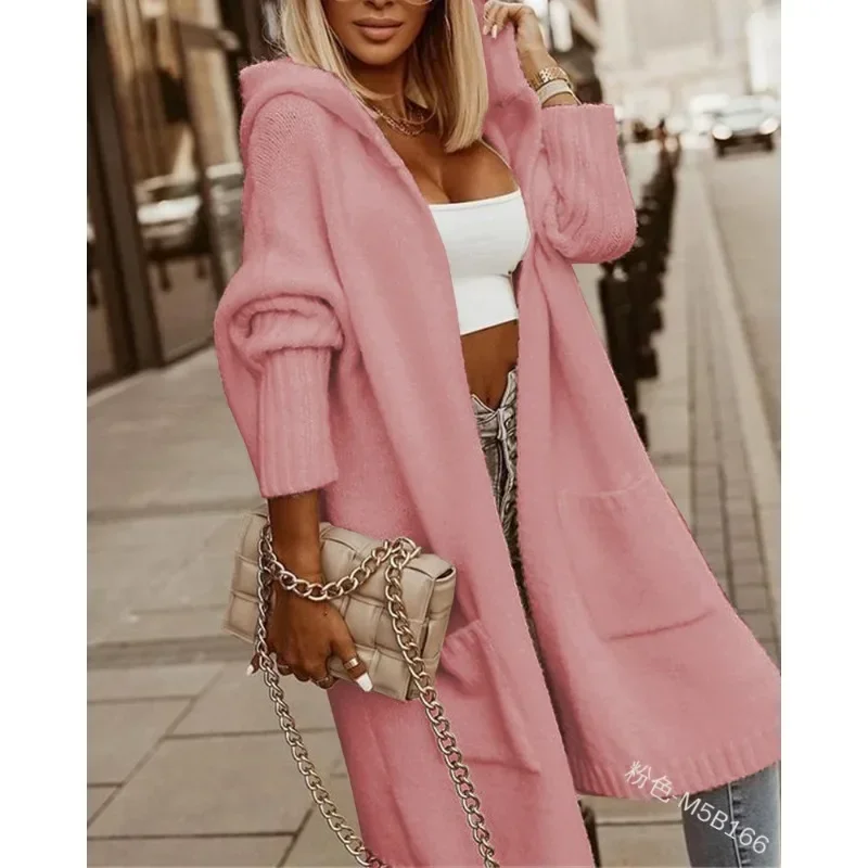 Women Knitted Hooded Cardigan Sweater Top Elegant Fashion Solid Color Long Sleeve Loose Pocket Outwear Coat Y2K Clothes