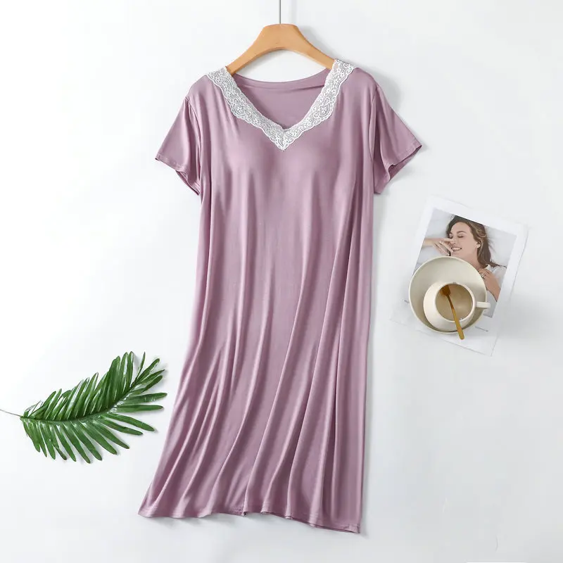 Women Spring Summer Nightdress Modal Short Sleeved Chest Pad Lace Home Wear Dress Large Size Nightgowns Female Night Shirt