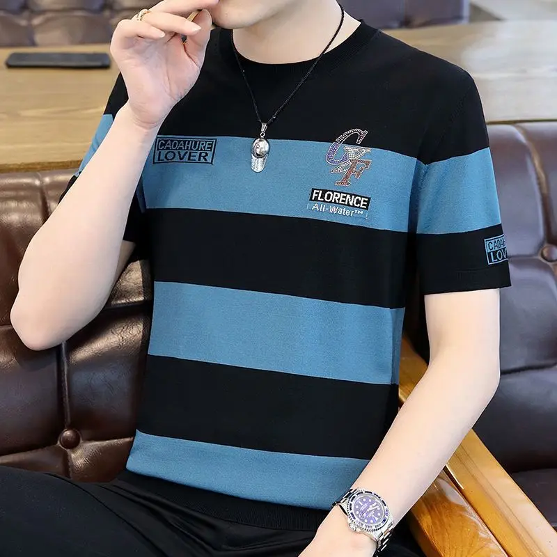 

Мужская футболка приталенного кроя Ice Silk круглого цвета Ne ort Sve Striped Faionable Base irt Универсальное волокно из полиэстера Qui Dry Su...