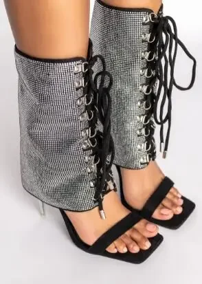 Summer Sliver Bling Crystal Rhinestone Cross Tied Black Suede Square Open Toe Mid-calf Sandals Boots Women Thin Heels Booties