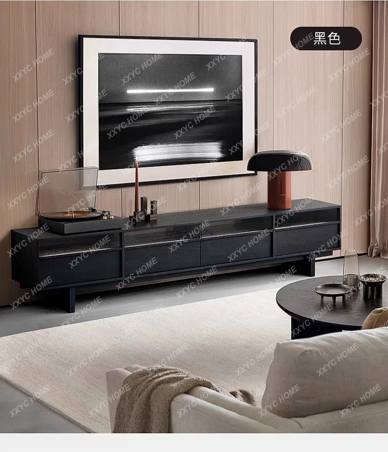 HJ black walnut medieval pure solid wood floor-to-ceiling TV cabinet light luxury minimalist audio-visual cabinet