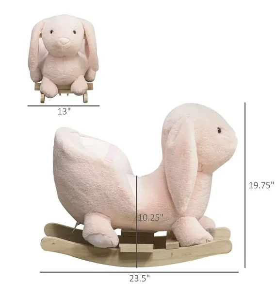 Cavallo a dondolo Qaba Rabbit, tessuto morbido peluche e base in legno, funzione sonora, comodo giocattolo da cavalcare per i più piccoli, rosa