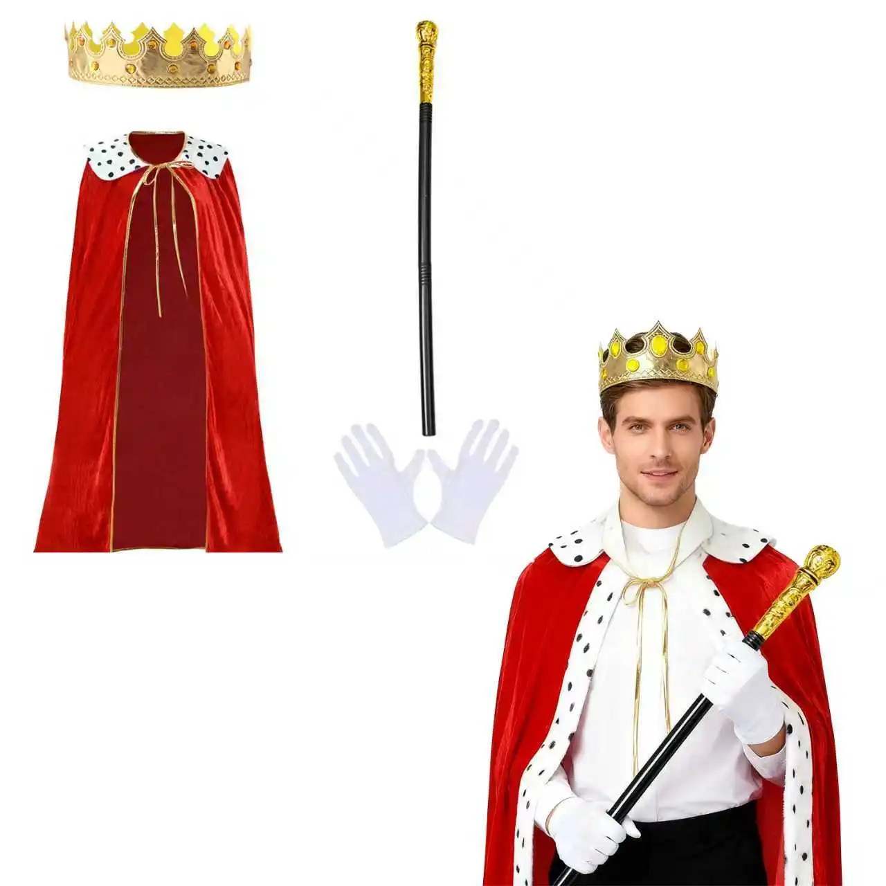 PESENAR-Conjunto de disfraz de capa de emperador para adultos, bata Medieval, capa, cetro de corona Regal para hombres, Cosplay de Carnaval