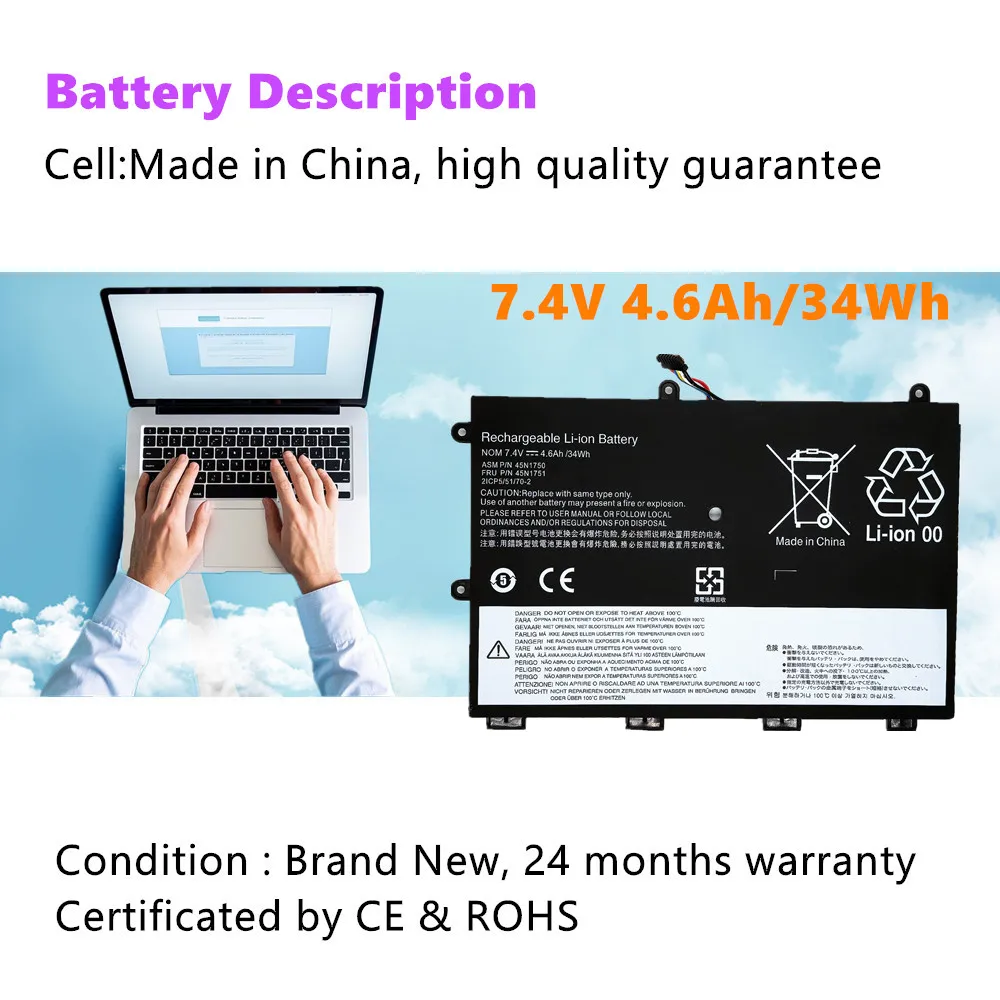 45N1750 Laptop Battery For Lenovo ThinkPad Yoga 11E 45N1748 45N1749 45N1751 7.4V 34Wh