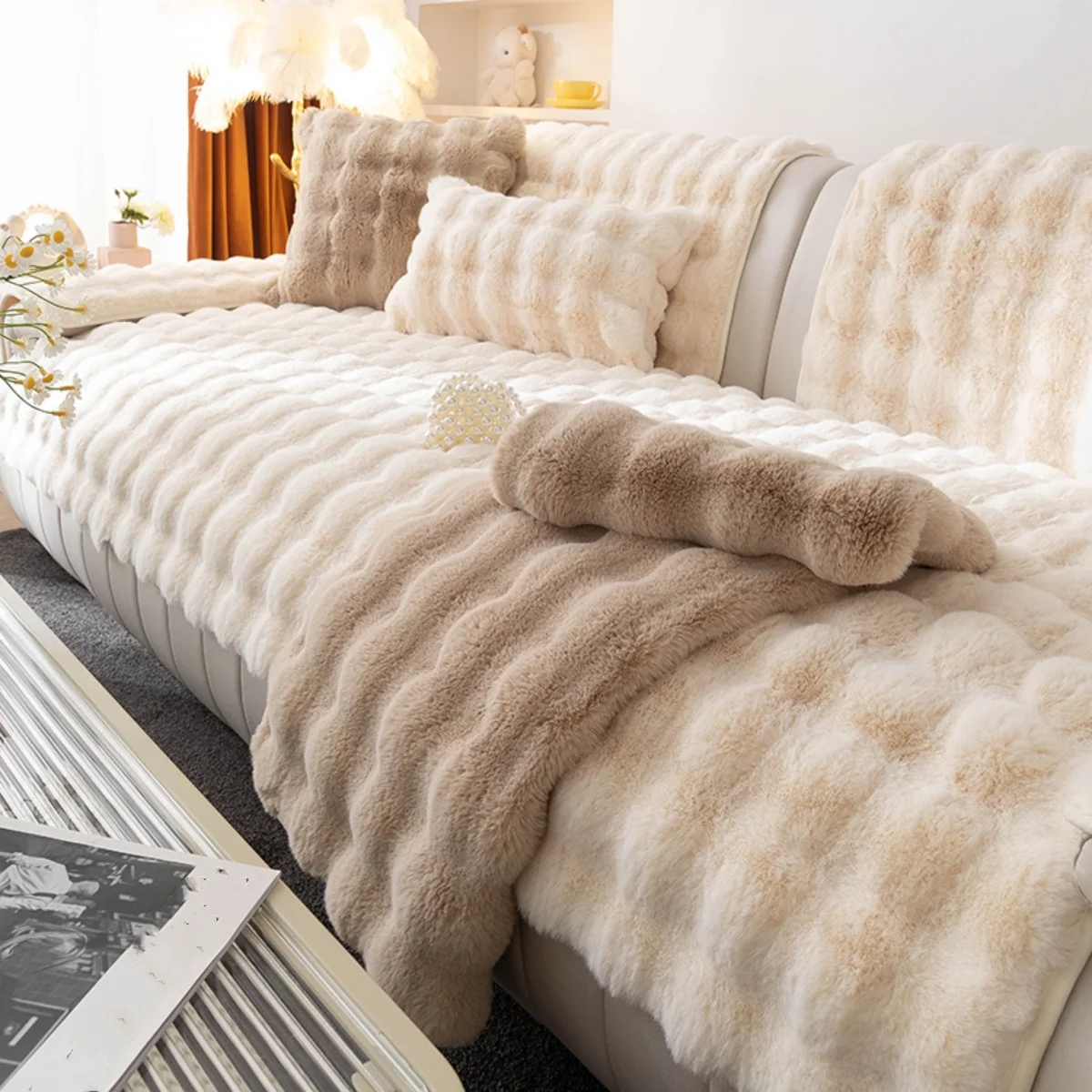 Verdicken Nachahmung Kaninchen Fell Plüsch Sofa Schonbezug Nicht-slip Weiche Sofa Handtuch Couch Kissen Für Wohnzimmer Moderne Wohnkultur – Detail 9