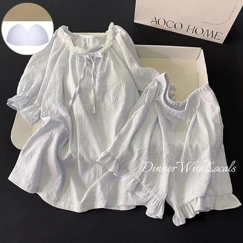 Summer 2pcs/set Women Cute Solid Colour Pajama Lady Comfortable Fashion Padding Homewear Girls Sweet Round Neck Pajama Sets