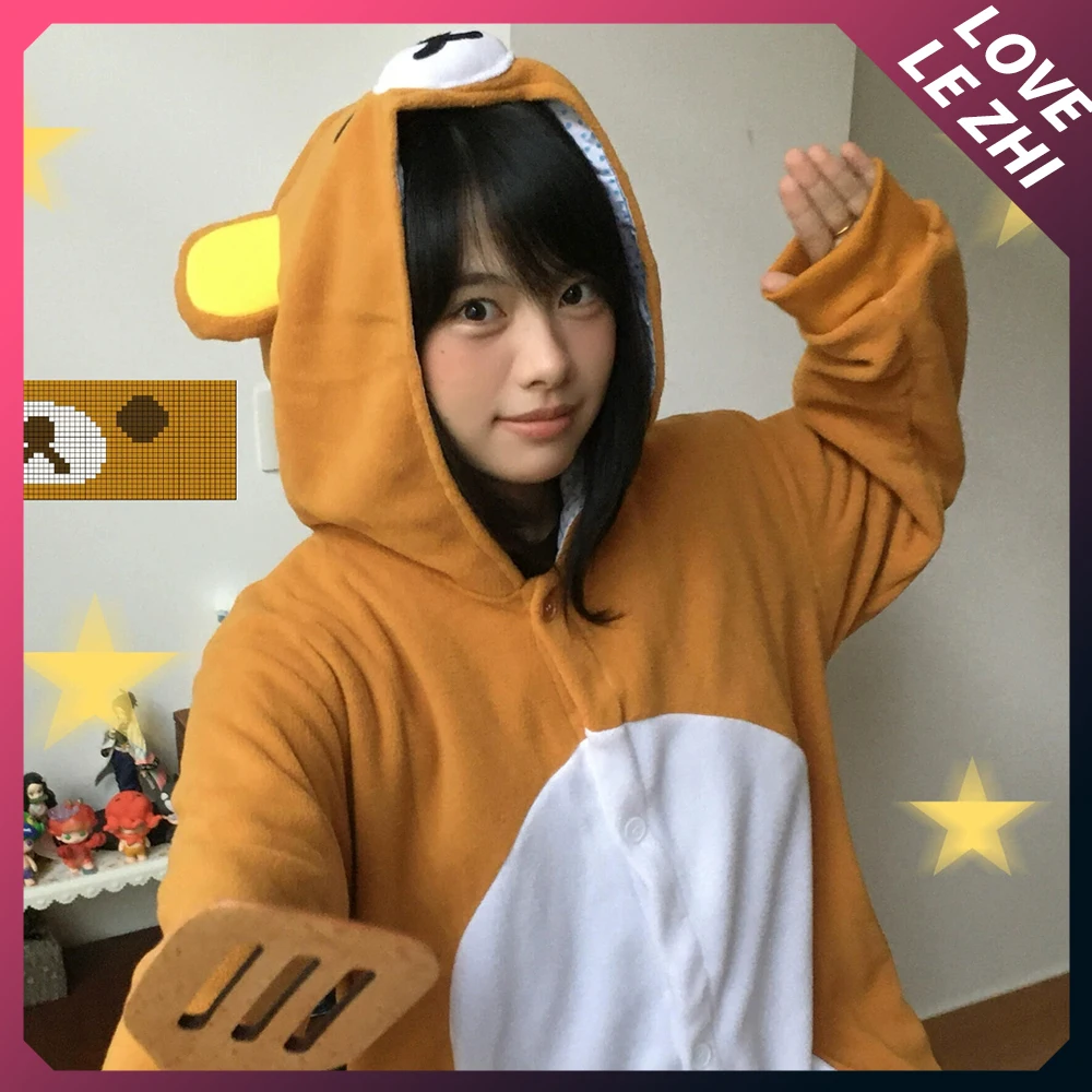 

Japanese Kawaii Cartoon Character Rilakkuma One-Piece Pajamas Button Style Autumn Winter Indoor Leisure Keep Warm Pajamas Set