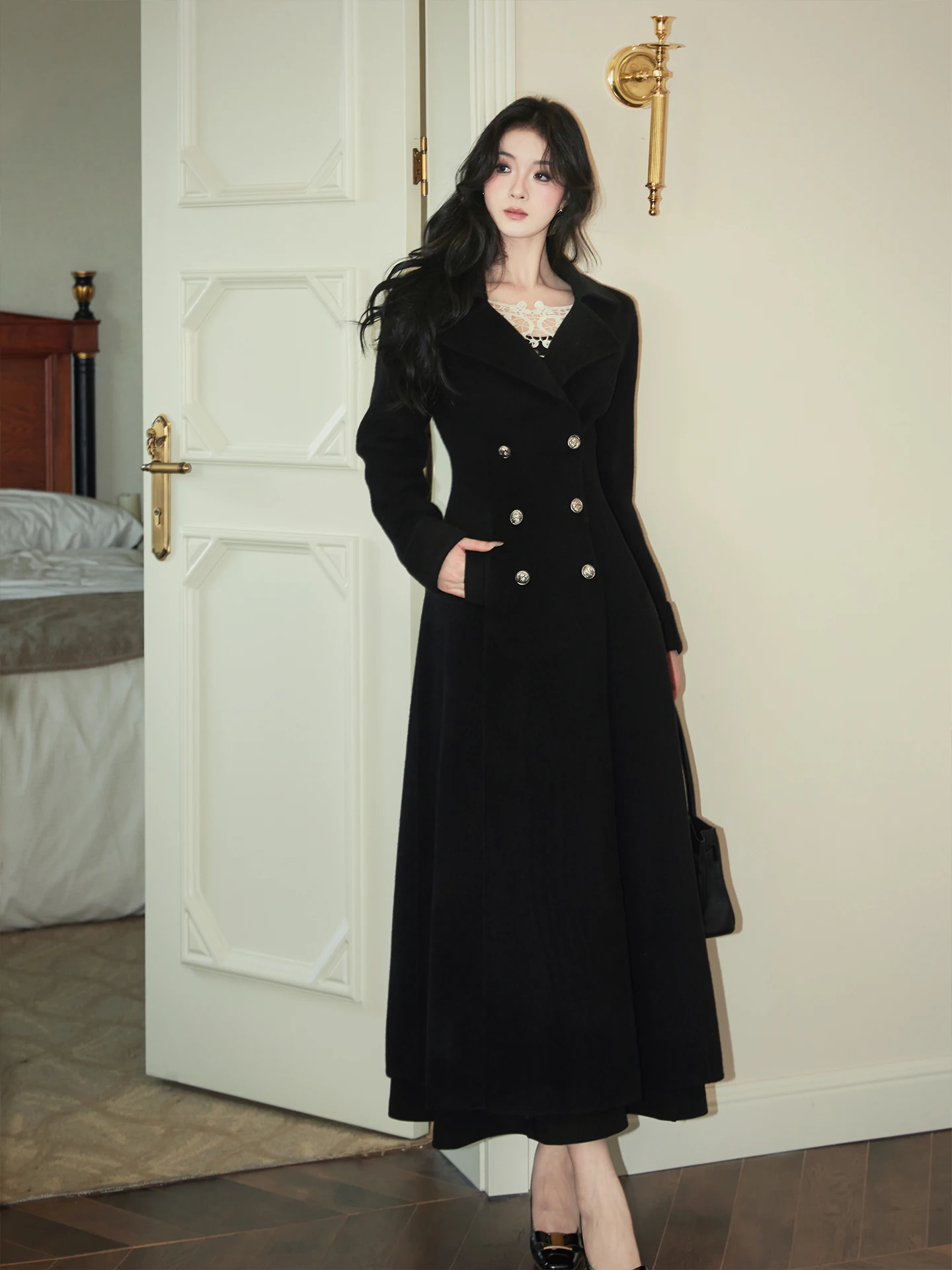 

Ele Long Handmade Woolen Coat Bla Waist-Cinching Double-Faced Camere Wrap for Young Women Winter Faion Outerwear