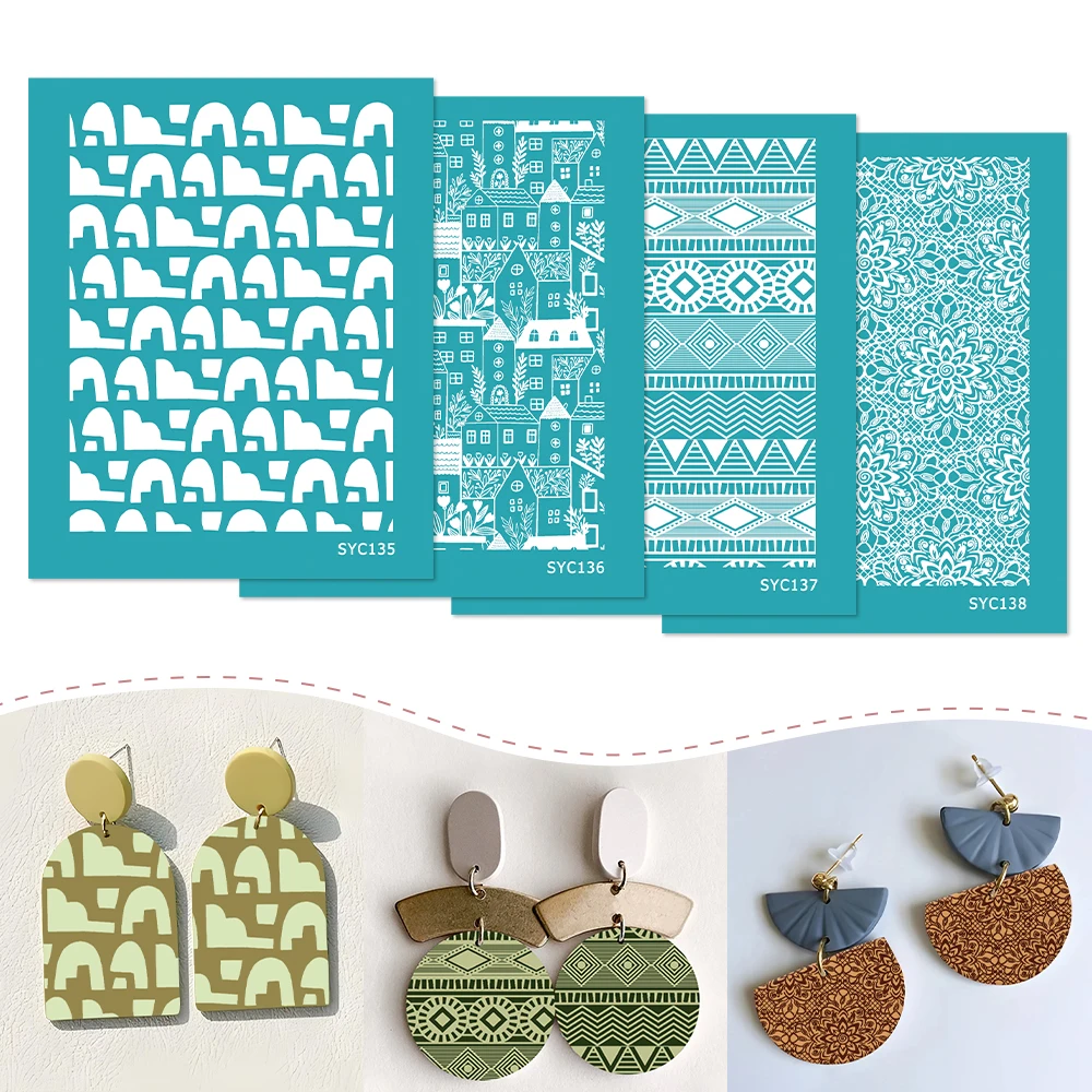 House Buildings Floral Wavy Line Polymer Clay Silk Screen Stencils for Printing Clay Stamps Jewelry Earrings Decor Template