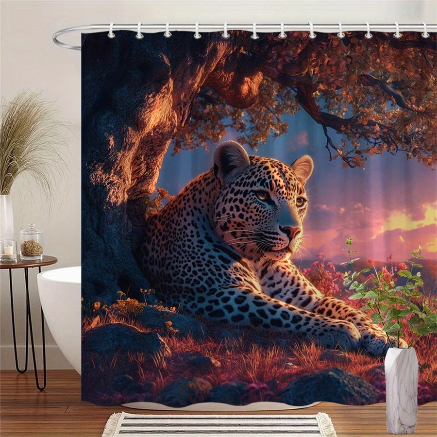 

1 шт. Занавеска для душа с леопардовым принтом «Закатный леопард» для отдыха под деревом, яркое оранжевое и розовое закатное небо, мистическая атмосфера