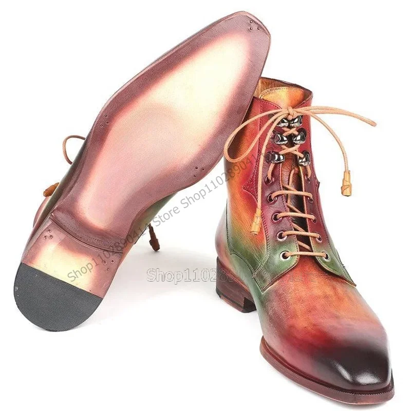 Kolorowe botki do połowy łydki z kwadratowym noskiem, wiązane, modne sznurowane buty męskie, luksusowe ręcznie robione buty męskie na przyjęcia, bankiety i uroczystości.