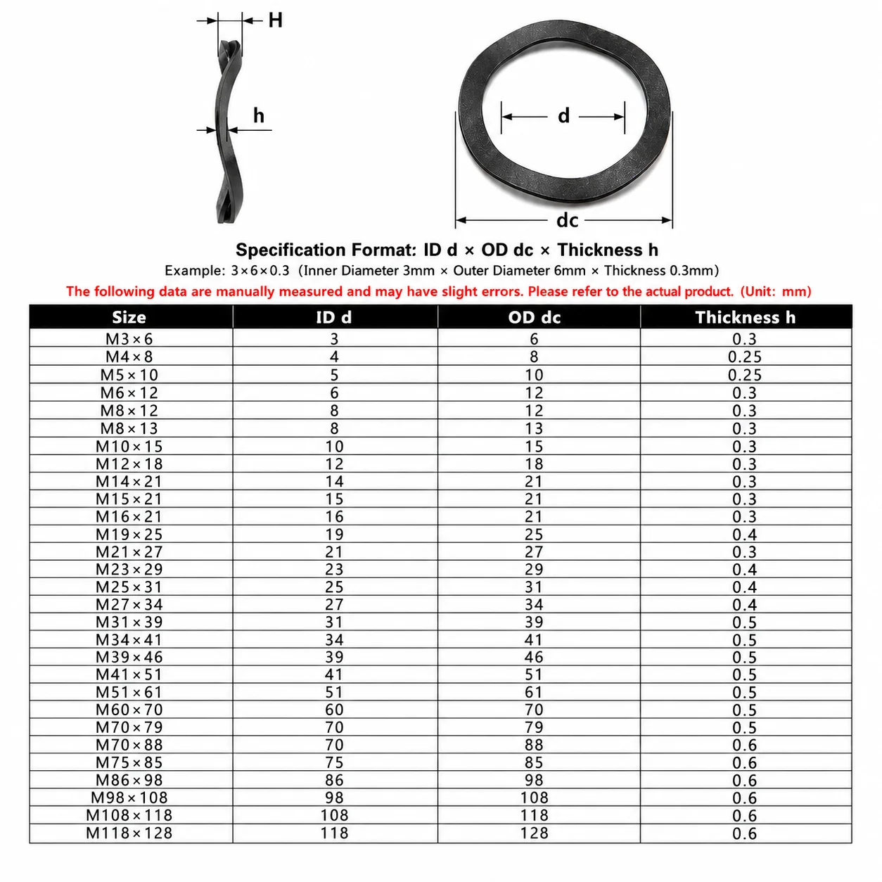65Mn Spring Steel 3 Wave Washer Black Oxide Wavy Elastic Spring Washer Bearing Preload Spacer Shim Ring M3x6-M118x128 Fastener