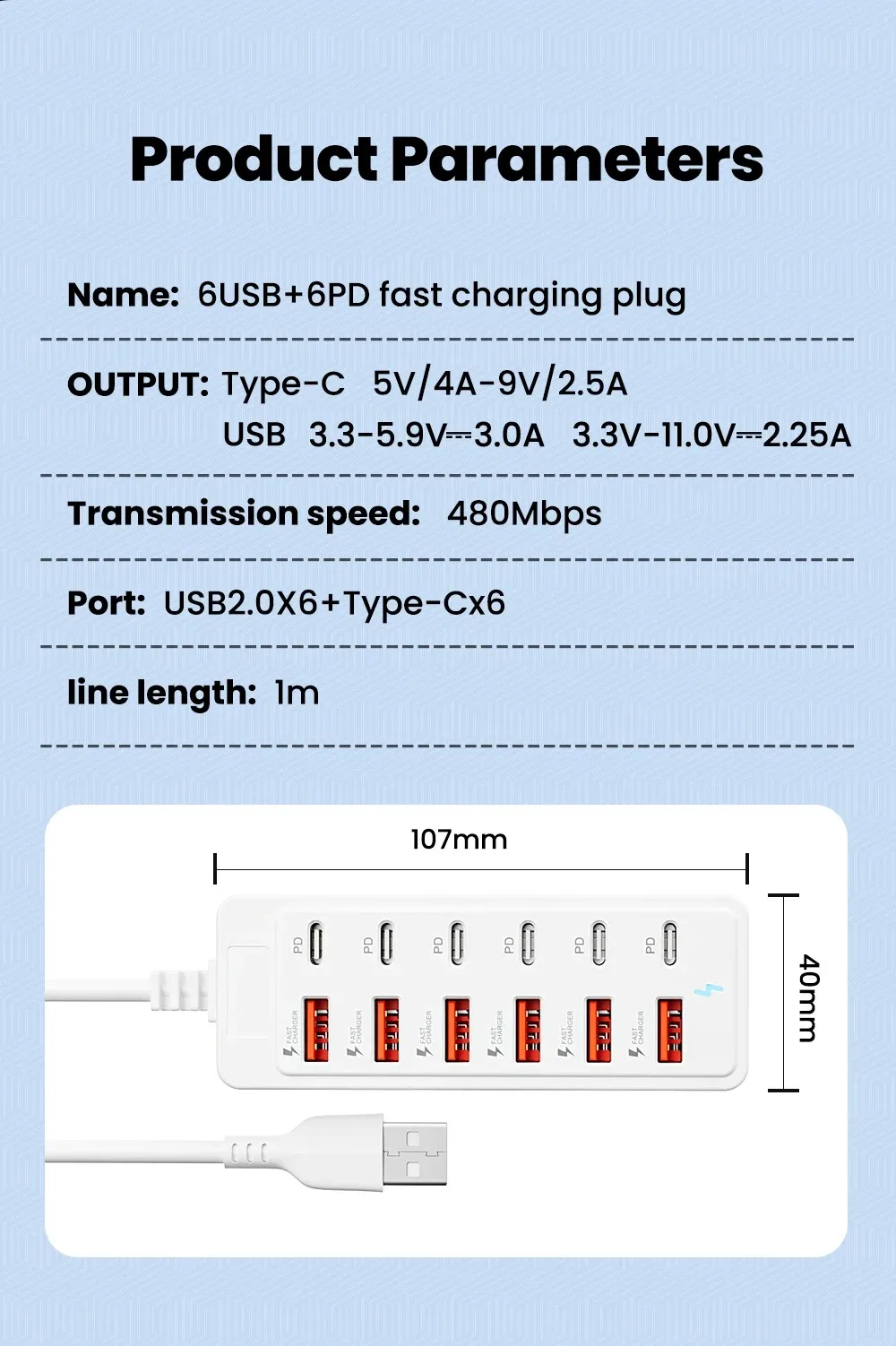 Auto-Schnellladegerät mit Mehrfachanschlüssen, 6-Port USB-Hub-Adapter Telefonladegerät & Stromanzeige, Kompatibel mit USB-C/USB-A-Geräten – Detail 10