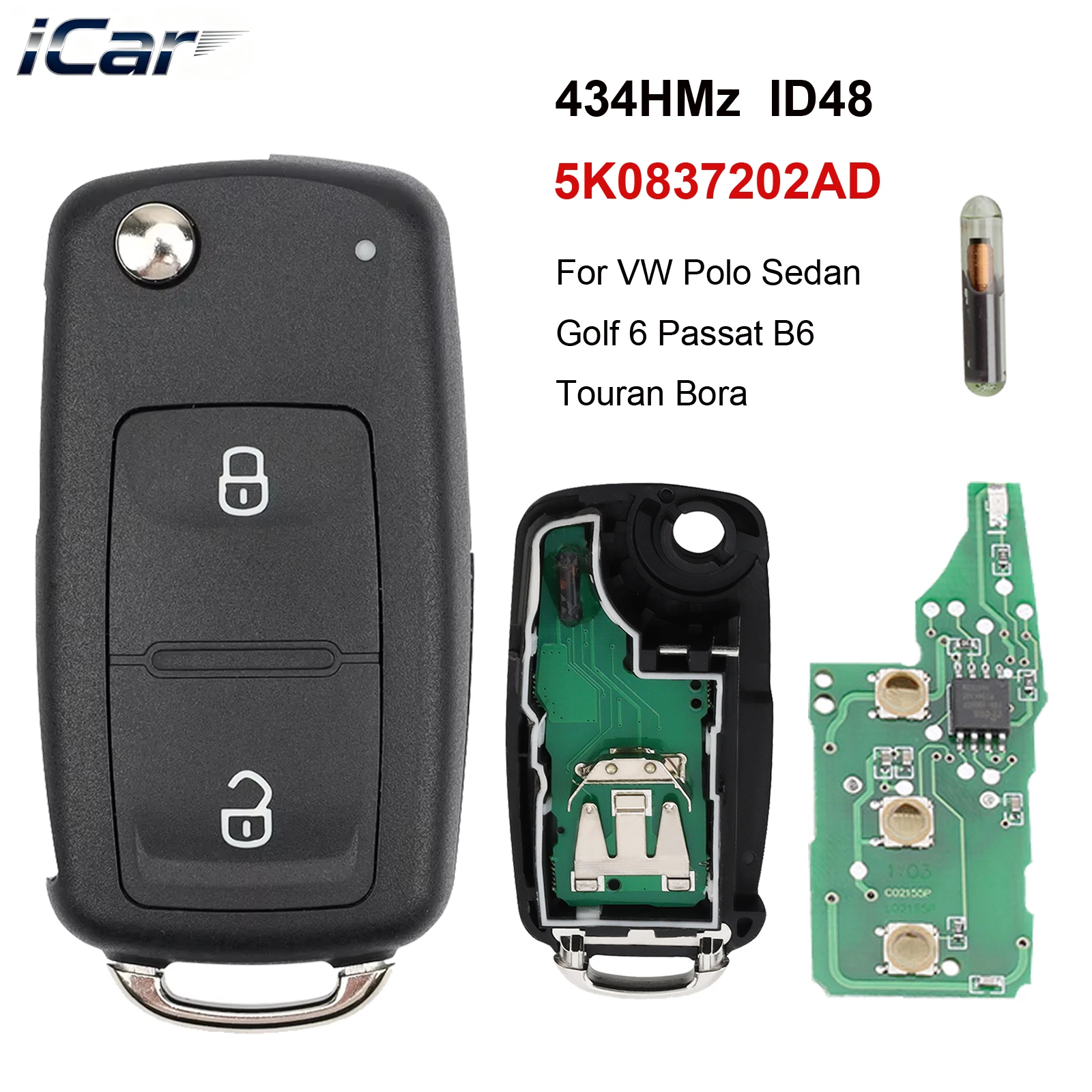 

2 кнопки, 434 МГц, ID48 чип, дистанционный откидной ключ для VW Volkswagen GOLF PASSAT Tiguan Polo Jetta Beetle Skoda Seat Car 5K0837202AD