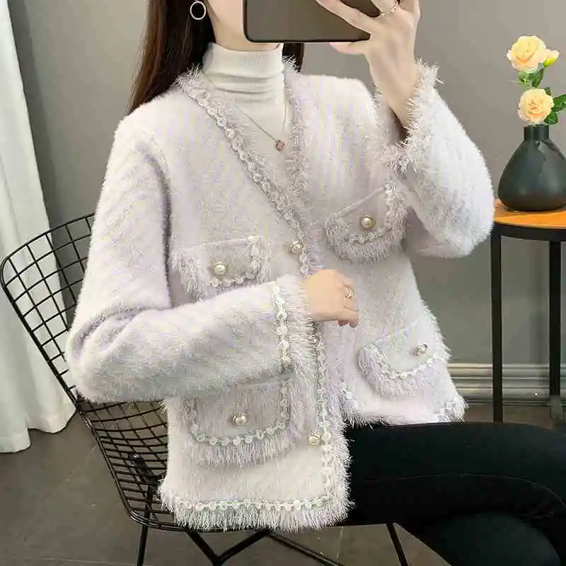 New Knitted Tassel Mink Fleece Loose Thickened Fragrant Coat Premium Cardigan Long Sleeve Sweater Top