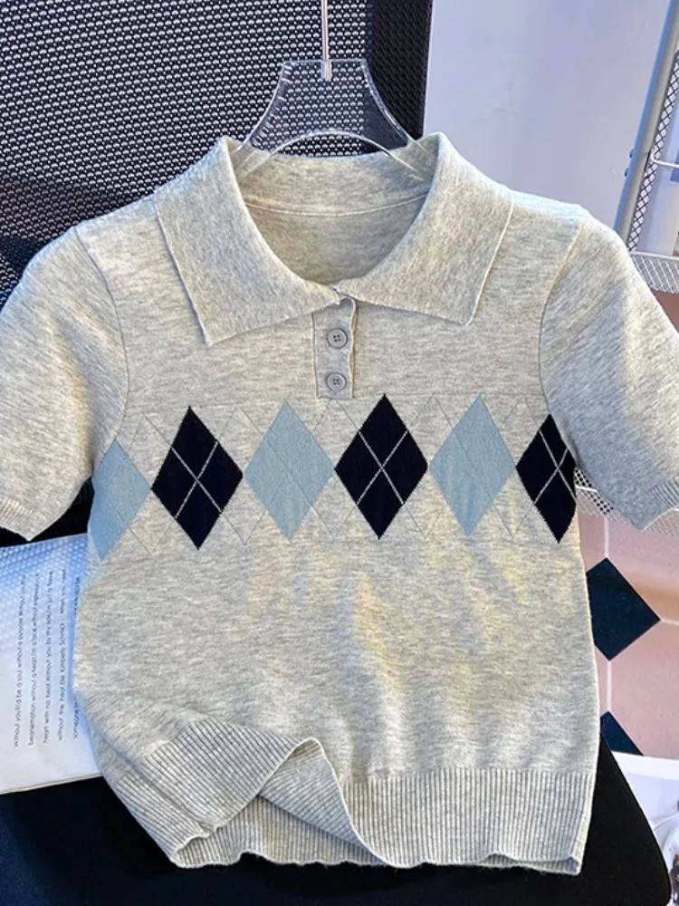 

Женская летняя трикотажная футболка Slim Fit с коротким рукавом, высокоэластичная, с узором, в корейском стиле, для повседневной носки