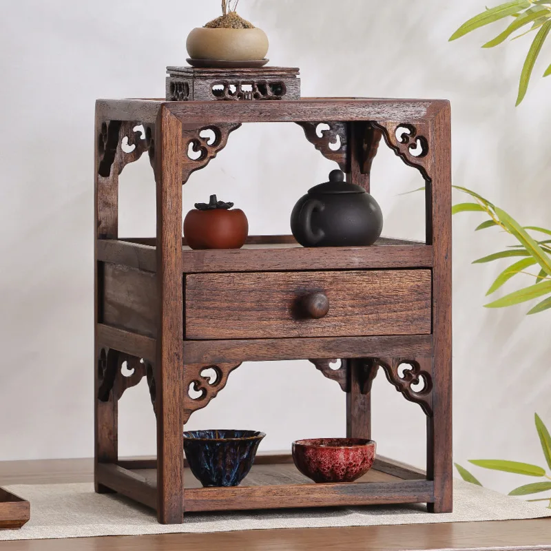 Solid Wood Multi-Layer Tea Set Storage Rack With Drawer Chinese Bo Ancient Frame Purple Sand Teapot Display