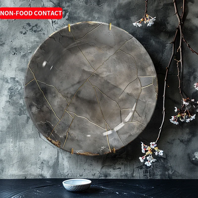 1pc Vintage Cracked Golden Line Ceramic Decorative Plate - Non-Food Contact Wall Art for Living Room, Bedroom, Study - Unique