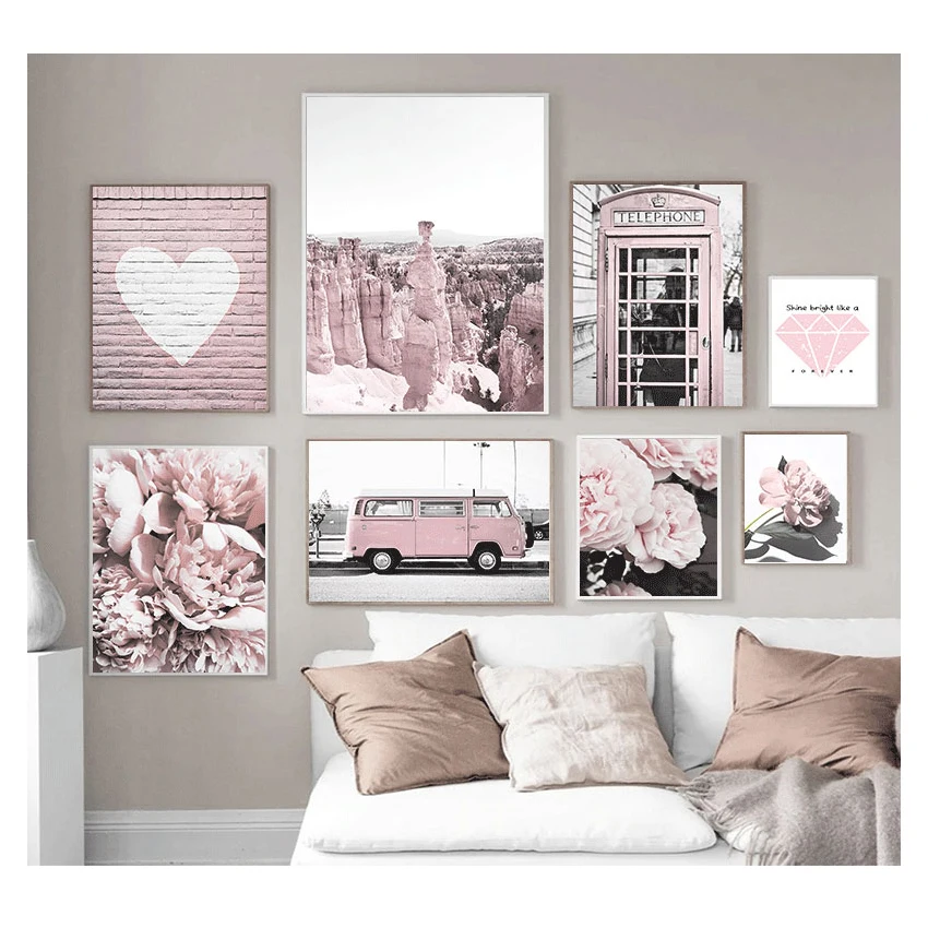 Rock Love Quote Wall Art Canvas Painting Nordic Posters And Prints Wall Pictures For Living Room Pink Flower Bus Telephone Booth