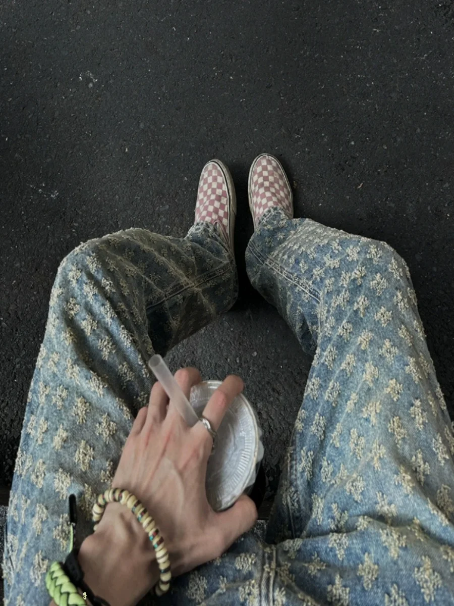 

Slim Fit Straight Leg Men's Jeans Hiphop Trendy Street Style Floral Print Bootcut Pants Summer Collection Denim Jeans for Teens