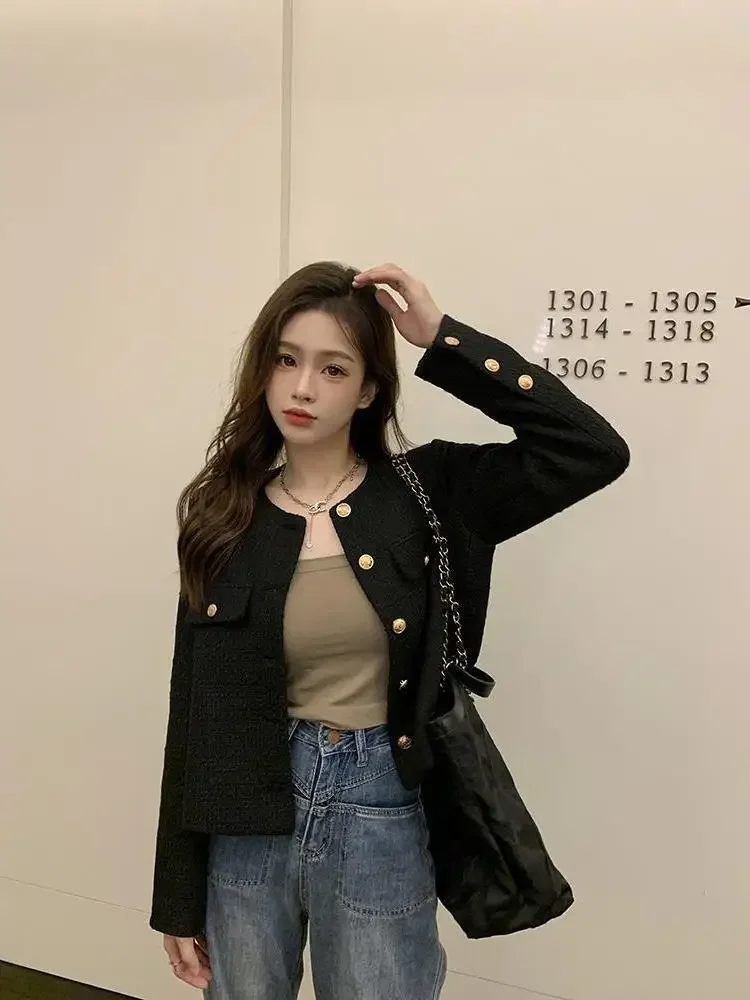 New Fashion Small Fragrance Tweed Jacket Coat Women Korean Loose Elegant All Match Coats Autumn O Neck Single Breasted Outerwear