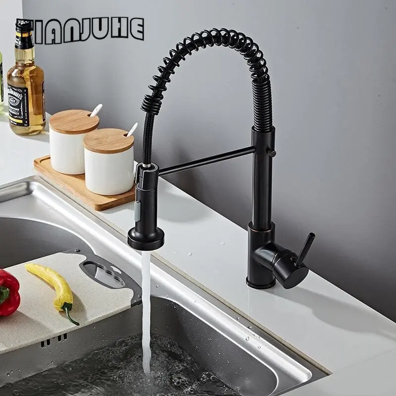 Kitchen Faucets Commercial Solid Brass Single Handle Single Lever Pull Down Sprayer Spring Kitchen Sink Faucet Matte Black