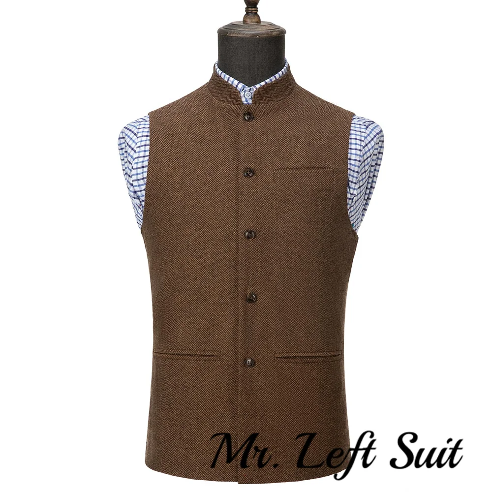 Men\'s Suit Vest Herringbone Wool Tweed Stand-up Collar Slim Fit Waistcoat Groom Costumes Clothing For Men Wedding Vest