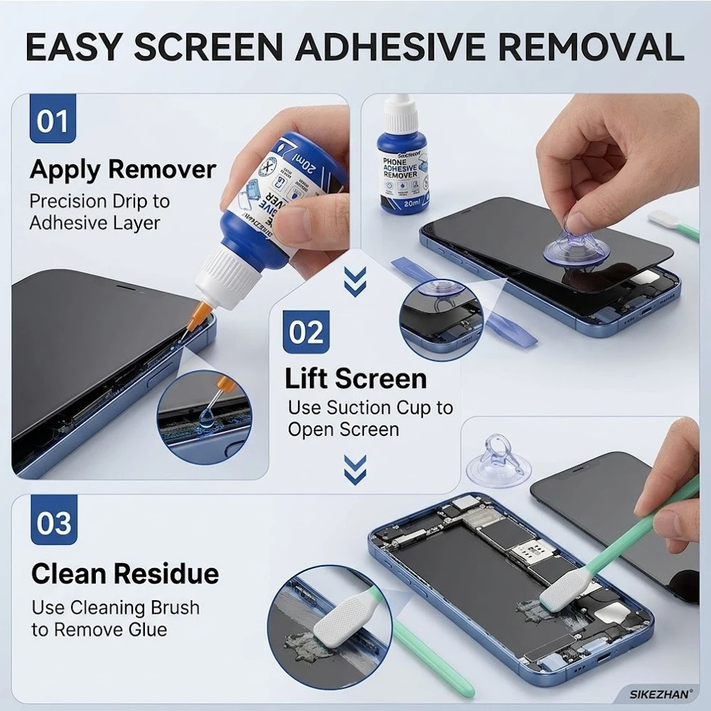 Professional Phone Screen Adhesive Remover Kit Fast Dissolves Glue Residue Disassembly Cleaning Tools for Cell Phone Repair Work view 5