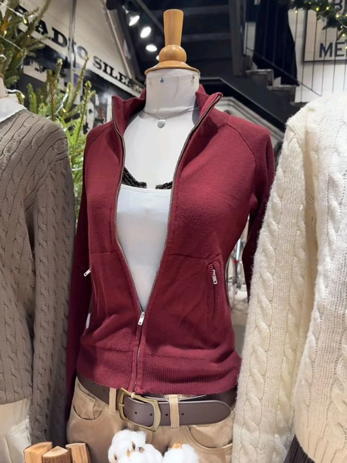 

Zipper Burgundy Slim Sweater Cardigan Woman Stand Collar Long Sleeve Cotton Coat Knitwear Casual Vintage Preppy Style Sweaters