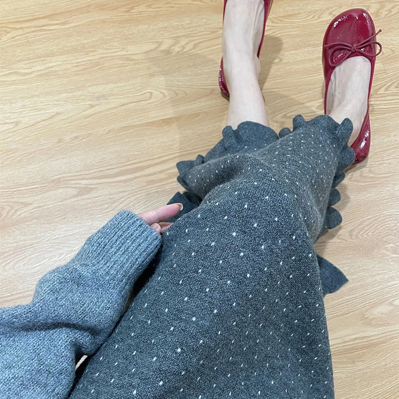 

Polka Dots Knitted Midi Skirt Women Vintage Ruffles Patchwork Slit Skirts Winter Elegant Korean High Waist Print Casual Faldas