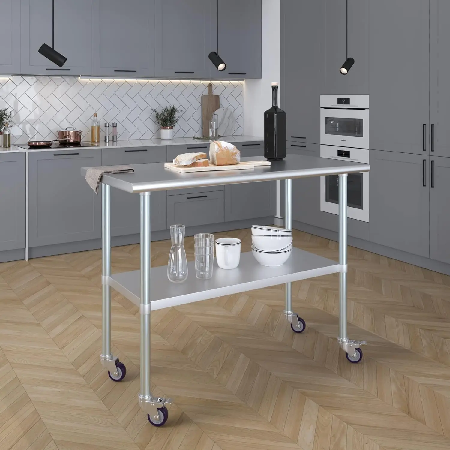 Mesa de acero + agregar ruedas |   Elija entre 43 tamaños |   Mesa de trabajo de metal NSF para utilidad de preparación de cocina |   Ap comercial y residencial