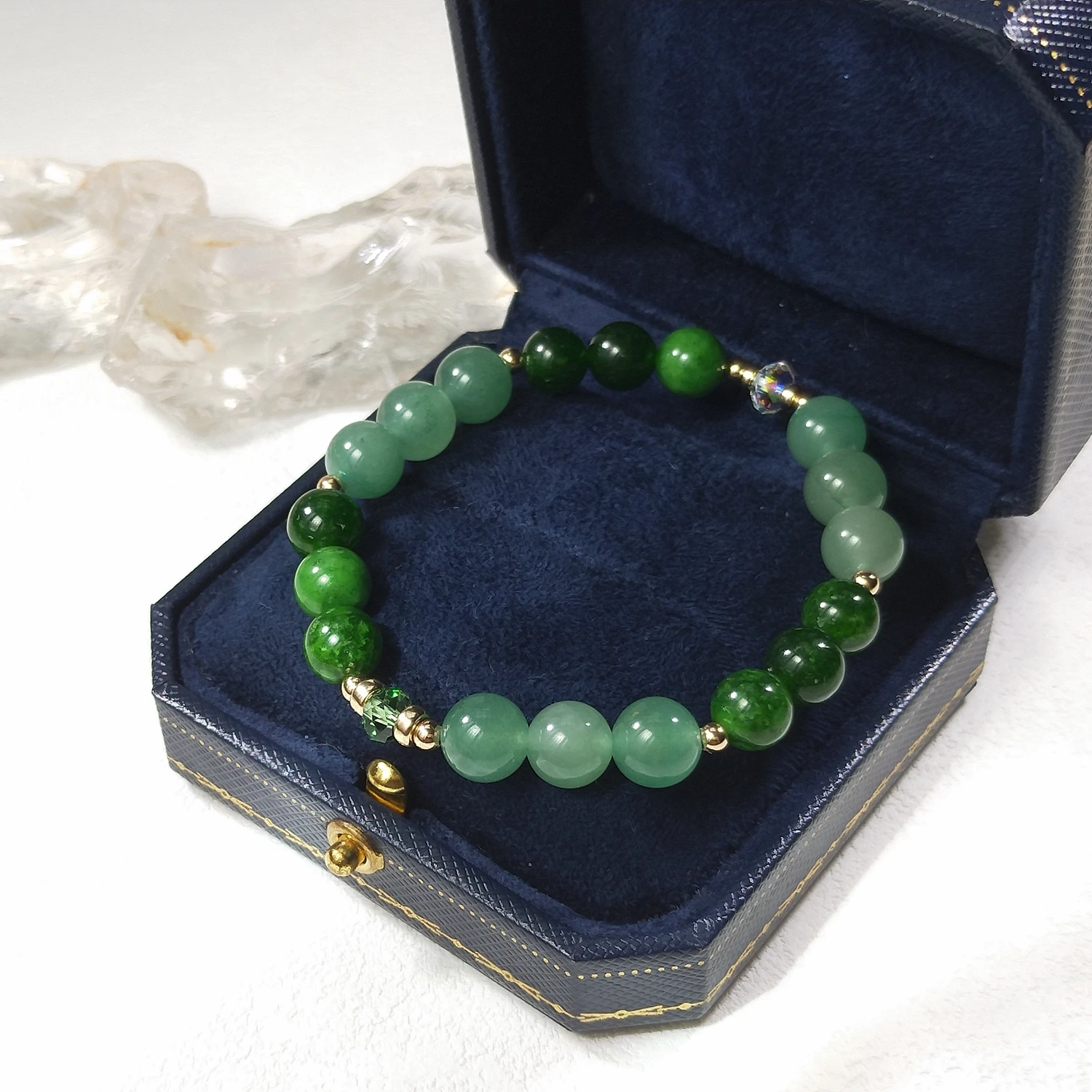 Lii Ji Natural Green Aventurine Green Jade 6/8mm With Crystal Stainless Steel Elastic Bracelet