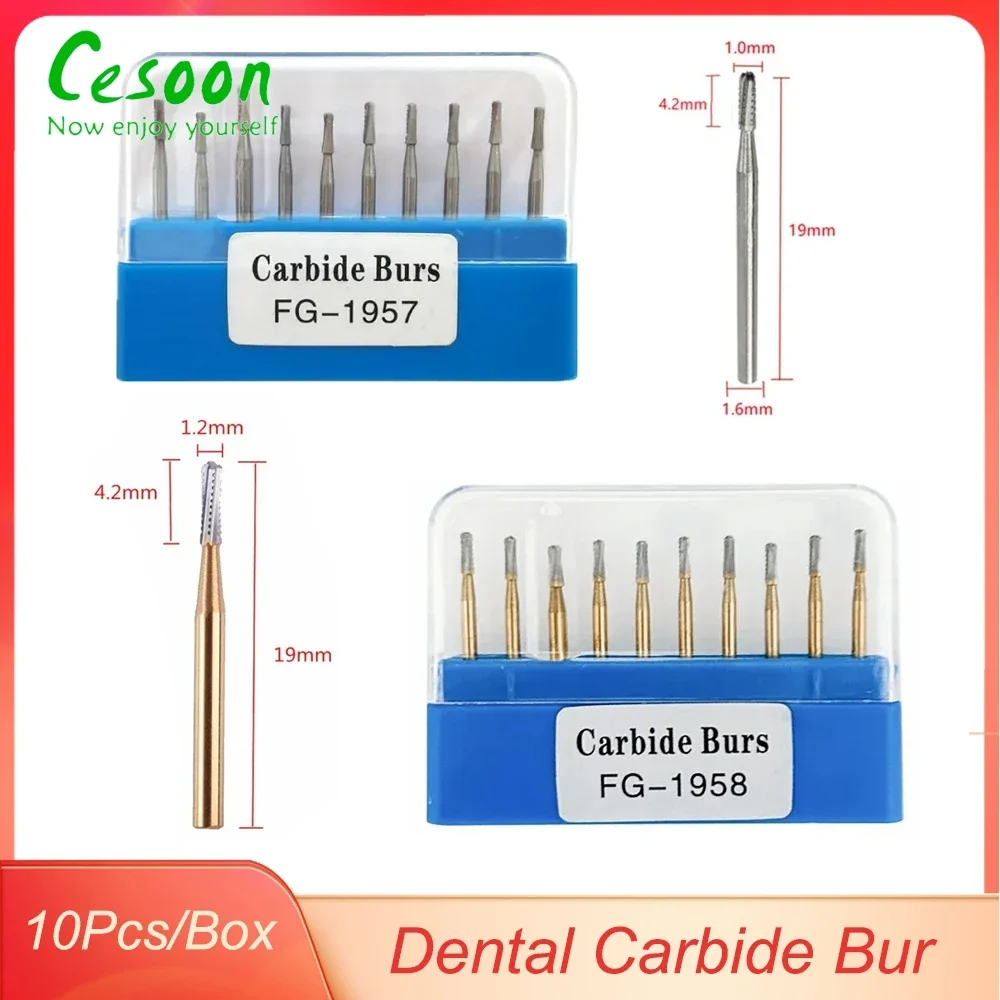 10Pcs/Box Dental Carbide Bur High Speed Tungsten Steel Crown Metal Cutting Burs Gold-Plated FG1957/FG1958 Dentist Lab Materials