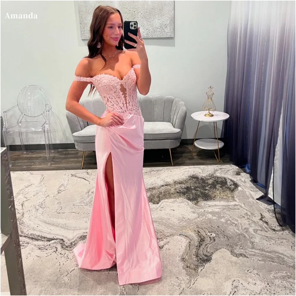 

Amanda Customized Pink Emulation Silk Strapless Prom Dresses Backless Side Slit vestidos de noche Floor-Length Formal Evening