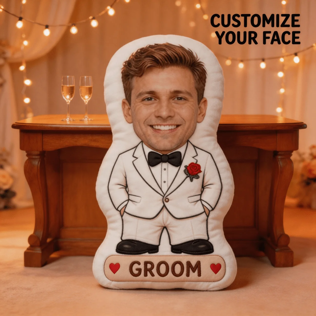 Custom Personalized Photo Groom Shaped Pillow, White Tuxedo Suit Custom Face Decorative Cushion, 27.56inch Home Decor Accent for