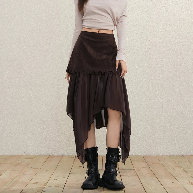 

Suede Patchwork Irregular Skirts Coffee Women High Waist Hollow Out Ankle-length Skirts Korean Fashion 2026 New Saias Mujer