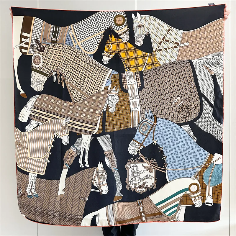 Large Twill Scarf Women Square Shawls Luxury Designer Spring Scarfs Scarves Clothing Neck Decoration 135CM Horse Print