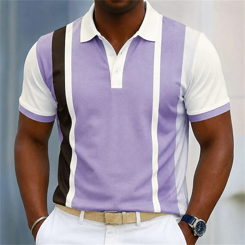 Men's Summer Polo Shirt Striped Print Short-Sleeve Breathable Men's Top Business-Style Collar High-Quality Short-Sleeve Top