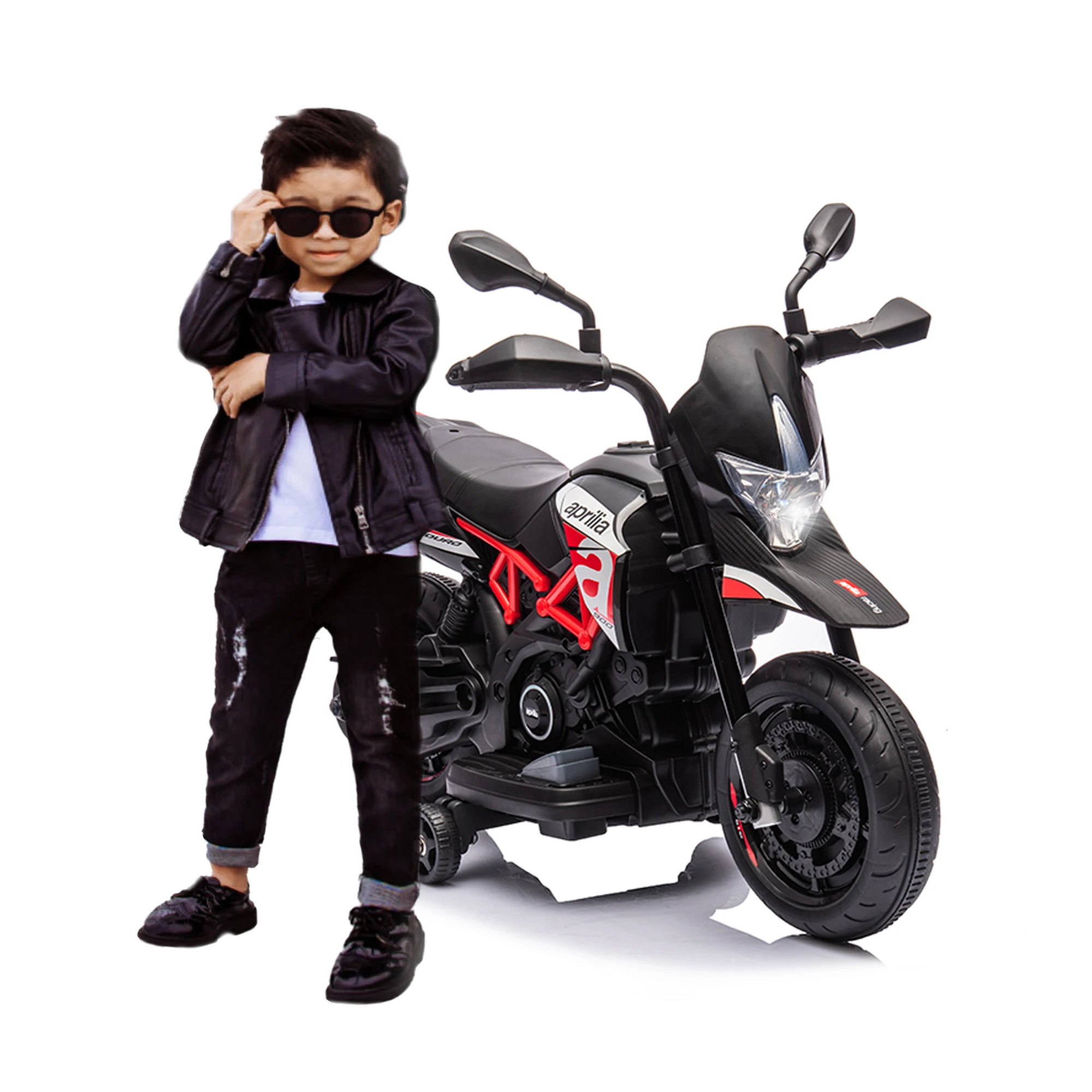 Motocicleta elétrica com rodas de treinamento, passeio no brinquedo, luzes LED, sons e música, massa, vermelho, Aprilia, 6V, crianças