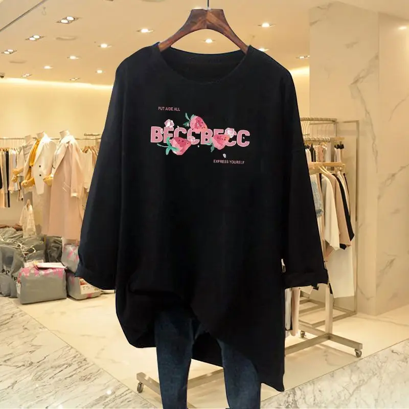 Women Clothing Chic Strawberry Printing Basic T-shirt Spring Autumn Casual Loose O-neck Long Sleeve Pure Cotton Top Tee 35-100Kg