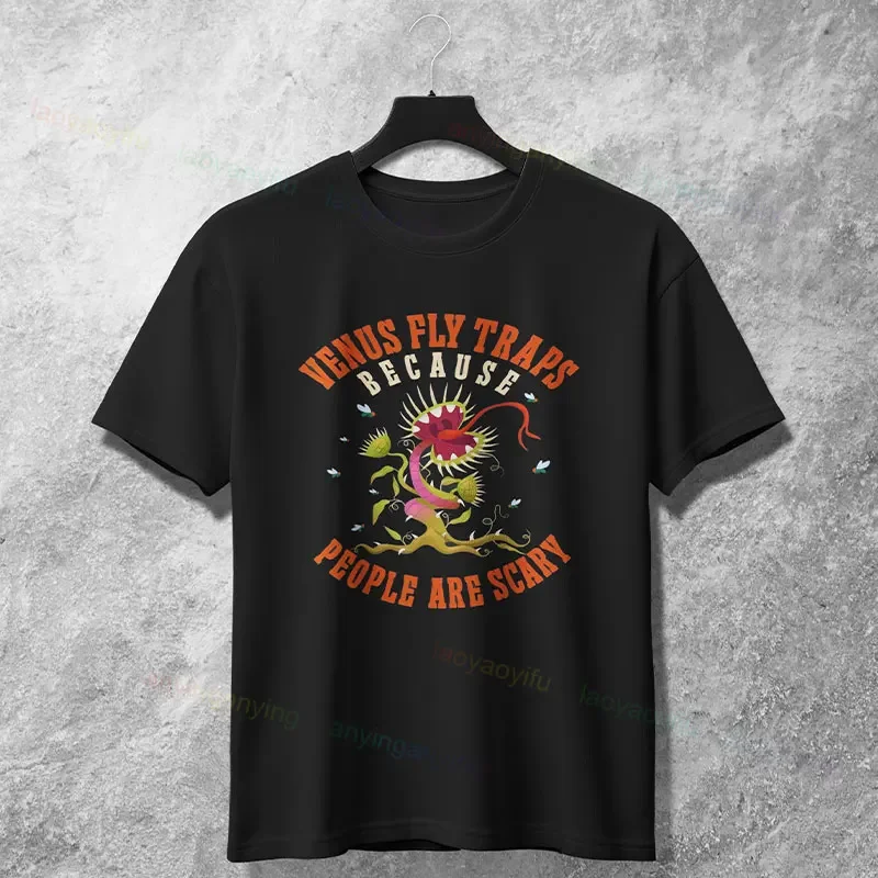 

Venus Fly Traps Because People Are Scary Graphic T-Shirt Breathable Cotton Round Neck Casual Tee for Men