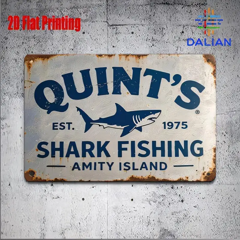 Quint's Shark Fishing 1975 Amity Island Vintage Metal Sign - Retro Rustic Shark Design, Iron Wall Art for Bars, Man Caves, Nauti