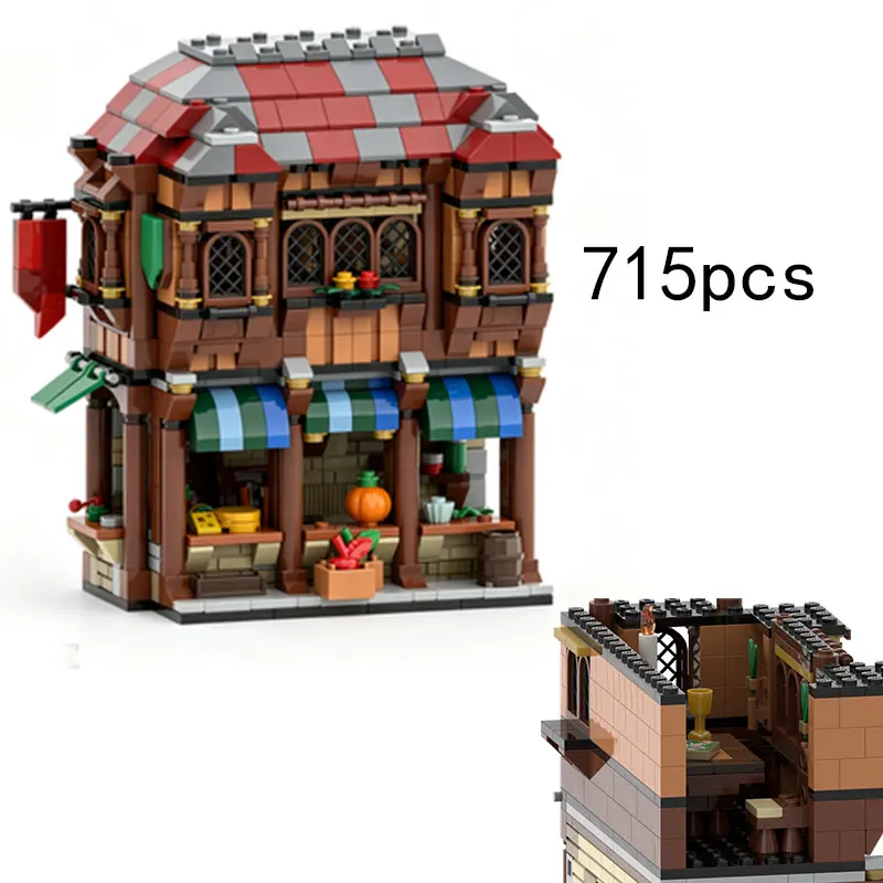 MOC Medieval Market Building Small Particle Assembly Block Street Scene Double-Story Building Model Toy 715pcs