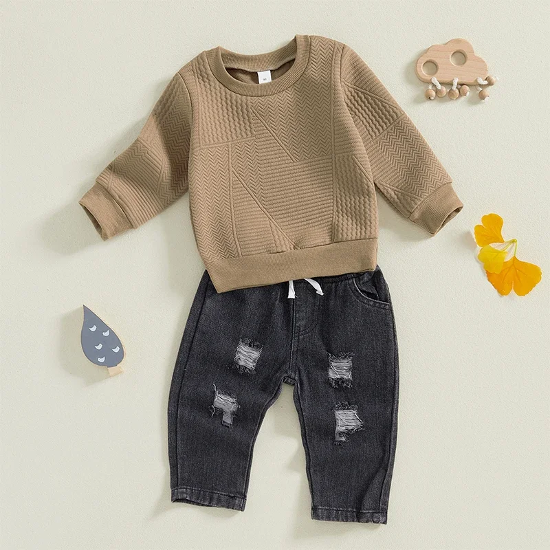 

Toddler Baby Boy Jeans Clothes Suit Children Long Sleeve Textured Sweatshirt Ripped Denim Pants Children 2Pcs Clothing Set