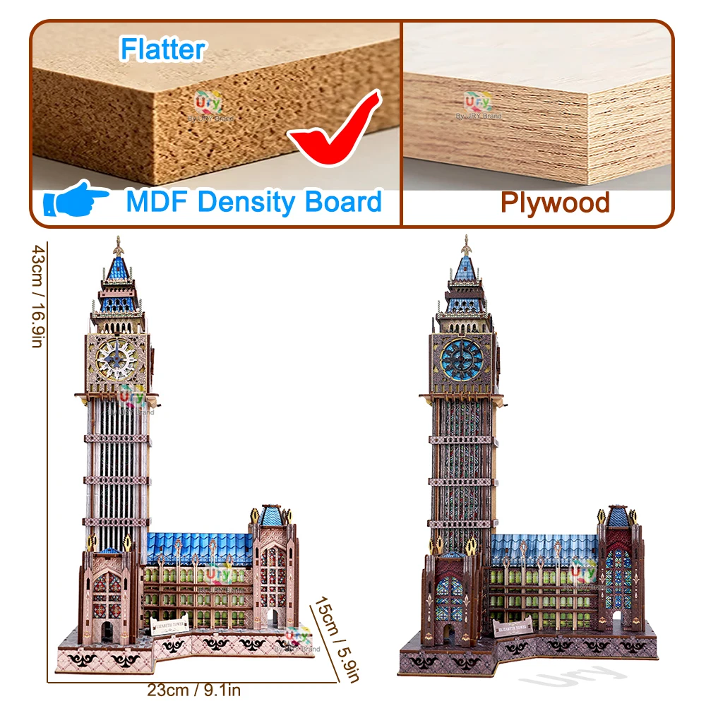 Ury 3D Wooden Puzzle Big Ben Model Kits with LED Light Famous European British Classic Building DIY Birthday Gift Festive Gift