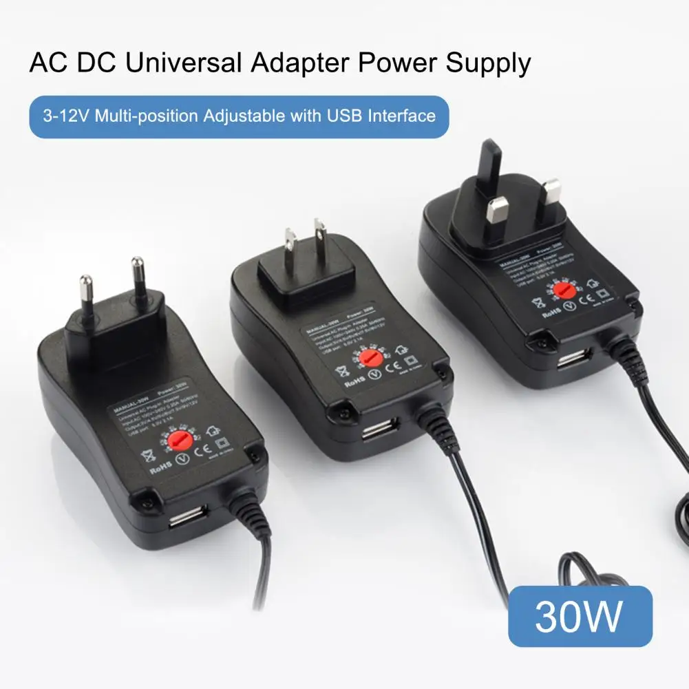 30W Universal Adjustable Power Adapter Charger AC To DC Plug 3V 4.5V 5V 6V 7.5V 9V 12V 2A 2.5A 2500mA Reverse Polarity